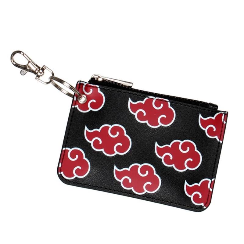 Akatsuki Red Cloud Symbol Keychain Wallet - Japanese Anime Manga Wallet PU Leather Wallet Card ID Holder Cash Zipper Coin Pocket Red Cloud Pattern