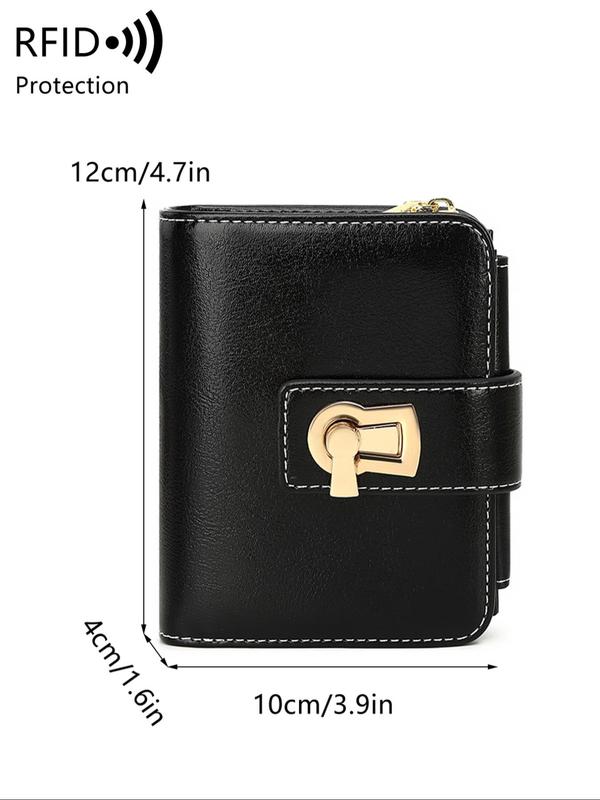 Women's Plain Color Geometric Design Buckle Short Wallet, Trifold Wallet with Rfid Blocking, Fashionable Pu Leather Id Window Wallet for Daily Use