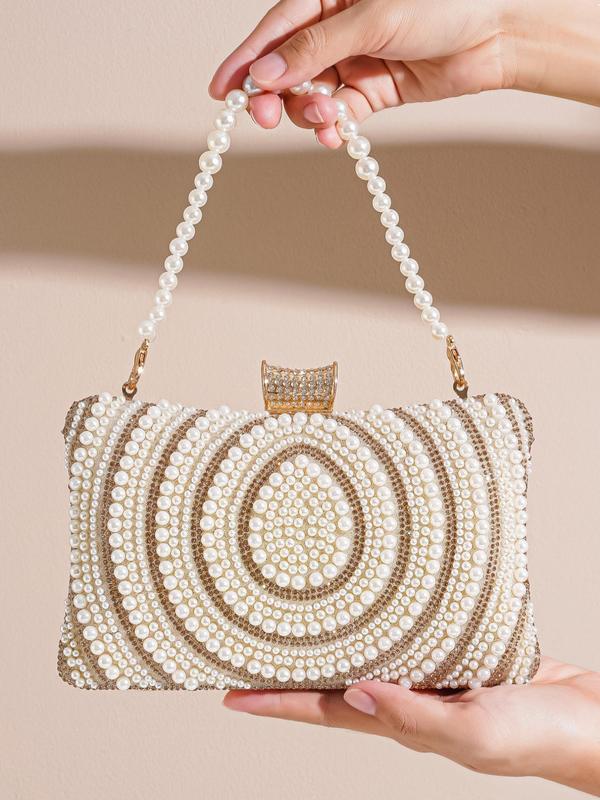 Women's Summer Faux Pearl Decorated Strap Evening Bag, 2024 New Trendy Rhinestone Decorated Crossbody Bag for Party Wedding