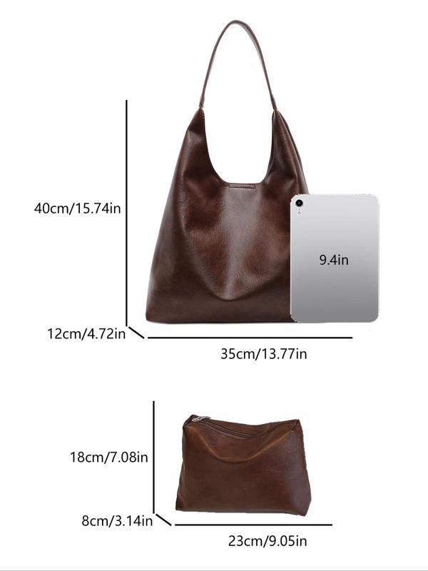 Women's Elegant Solid Color Shoulder Bag & Makeup Bag, Fashionable Large Capacity Tote Bag & Wallet, Casual Trendy Versatile Daily Commuting Bag Set