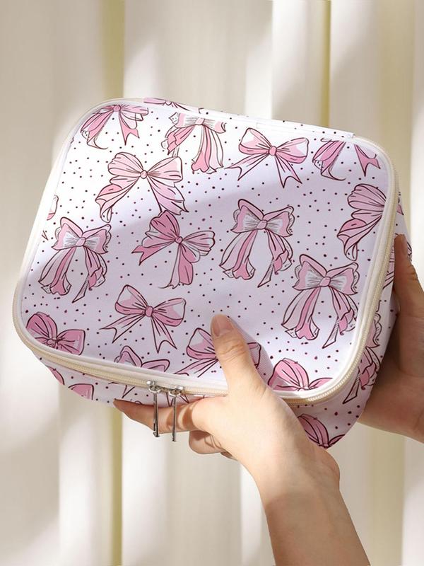 Bow Print Portable Makeup Bag, Large Capacity Cosmetics Storage Box, Portable Travel Cosmetics Storage Bag, Casual Fashion Storage Box with Zipper Closure