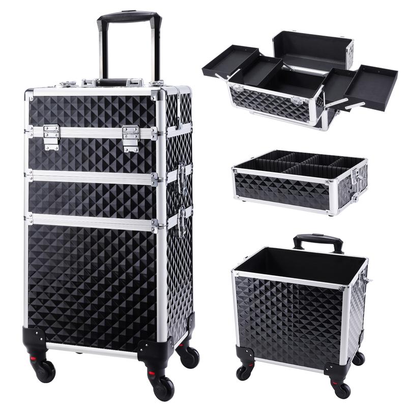 3 in 1 Rolling Makeup Train Case Professional Cosmetic Case with Wheel Makeup Trolley Aluminum Salon Barber Case for Make Up Hairstylists Nail Tech