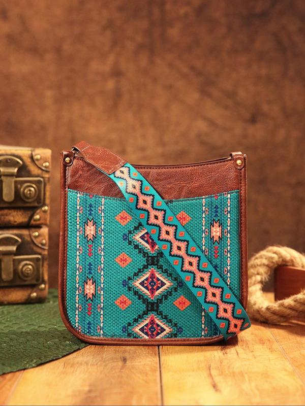 Women's Boho Style Ethnic Pattern Crossbody Bag, Vintage Style Crossbody Bag with Adjustable Strap, Fashionable Crossbody Bag for Daily Use