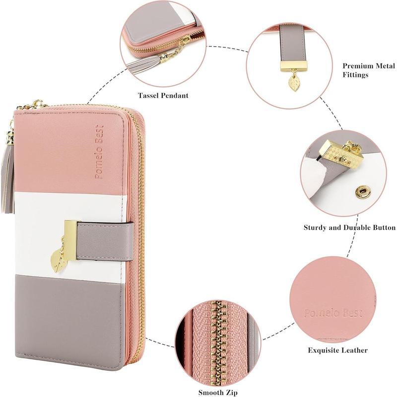 RFID Wallets for Women with Multiple Card Slots and Cellphone Compartment, Womens Wallet (pink white grey)