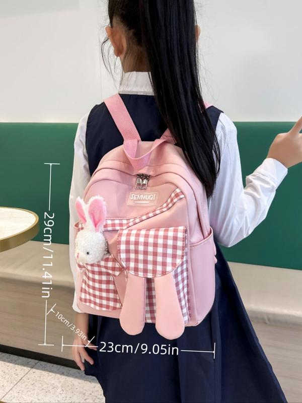 Cute Rabbit Decor Patchwork Pattern Backpack, Lightweight Nylon Zipper Backpack for Women & Girls, Simple All-match Summer Accessories 2024 for Daily Life