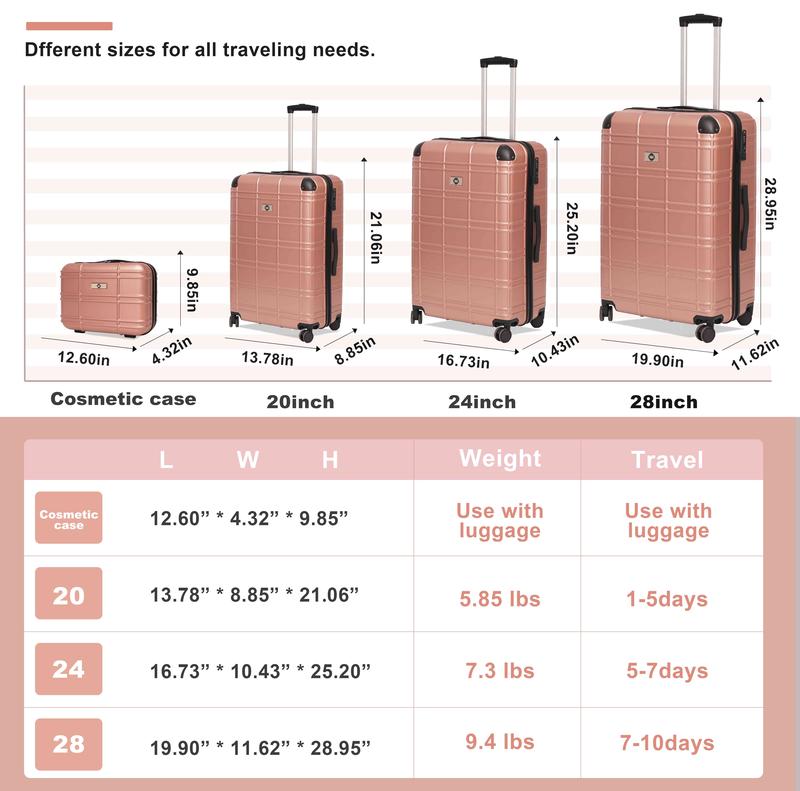 Hard shell luggage set of 4 pieces, ABS+PC hard surface lightweight suitcase set with TSA lock rotating wheel suitcase (12 