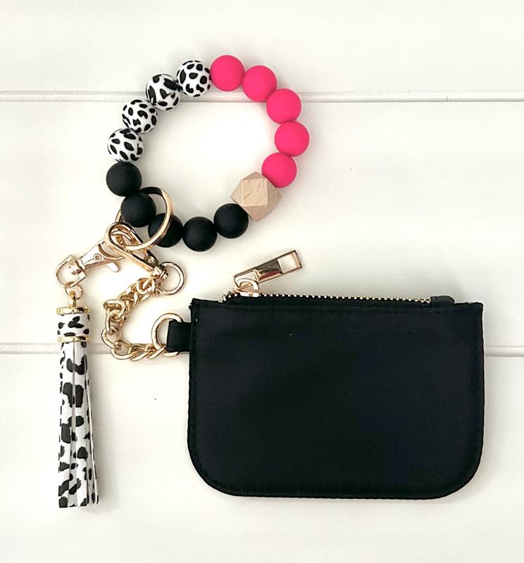 Black Wallet Card Holder with Silicone Keychain Bracelet