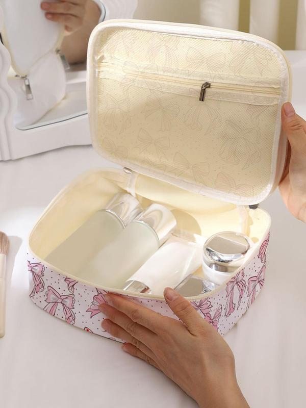 Bow Print Portable Makeup Bag, Large Capacity Cosmetics Storage Box, Portable Travel Cosmetics Storage Bag, Casual Fashion Storage Box with Zipper Closure