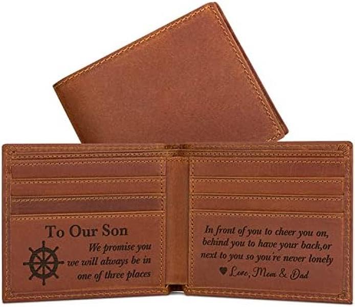 Son Gift Personalized Wallet for Son Gift Mens Engraved Leather Wallet to Son from Mom and Dad Gift Idea on Christmas, Birthday, Graduation