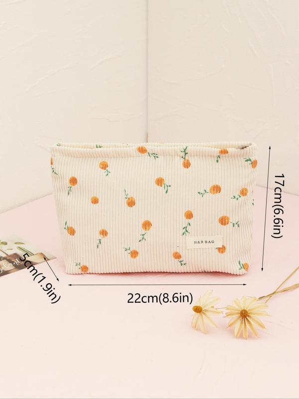 Corduroy Makeup Bag, Cute Floral Pattern Zipper Makeup Organizer Pouch, with Letters Label, Travel Cosmetic Storage Bag, Versatile Storage Bag for Skincare, Lip Balm, Eyeliners, Makeup Brushes,