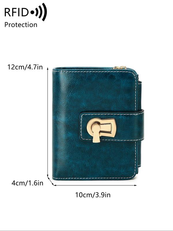 Women's Plain Color Geometric Design Buckle Short Wallet, Trifold Wallet with Rfid Blocking, Fashionable Pu Leather Id Window Wallet for Daily Use