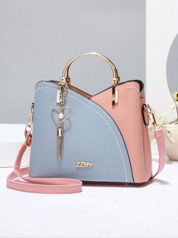 Colorblock Pu Leather Handbags for Women, Elegant Fashion Zipper Shoulder Bag with Heart & Tassel Charm,  Handbag for School,  Casual Trendy Versatile High-quality Daily Commuting Bag, Fall Outfits, Fall Freshness