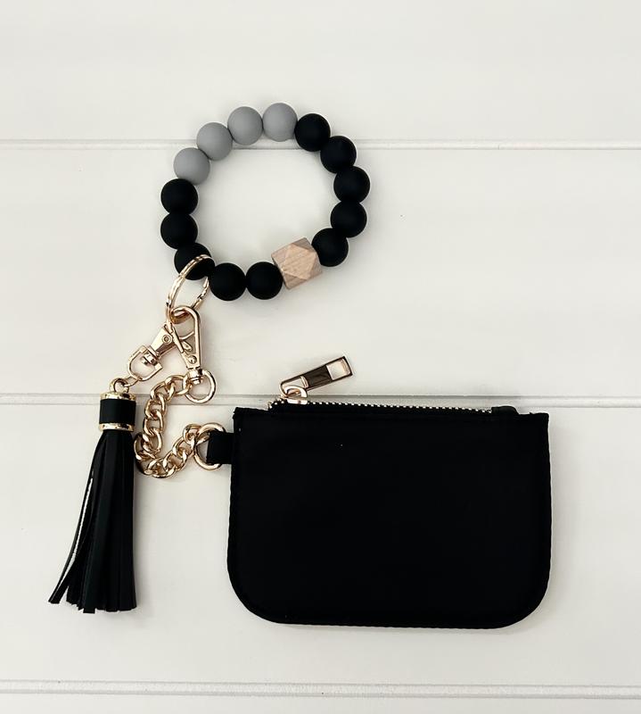 Black Wallet Card Holder with Silicone Keychain Bracelet