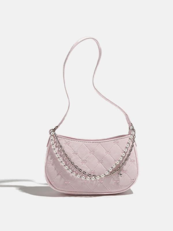 Women's Faux Pearl Decorated Chain Strap Baguette Bag, Casual Solid Color Shoulder Bag for Daily Used, Trendy All-match Commuter Bag