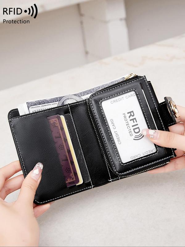 Women's Plain Color Geometric Design Buckle Short Wallet, Trifold Wallet with Rfid Blocking, Fashionable Pu Leather Id Window Wallet for Daily Use