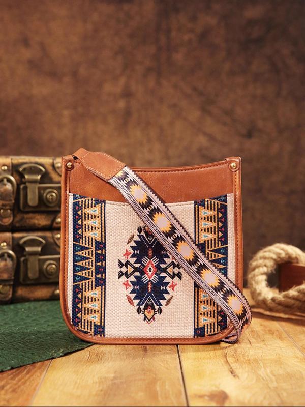 Women's Boho Style Ethnic Pattern Crossbody Bag, Vintage Style Crossbody Bag with Adjustable Strap, Fashionable Crossbody Bag for Daily Use