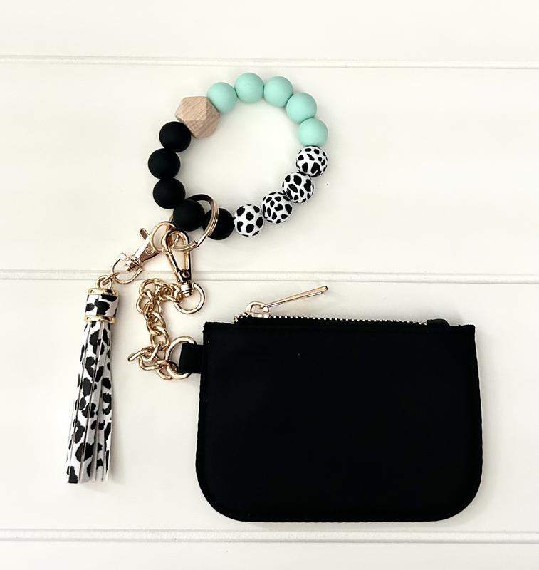 Black Wallet Card Holder with Silicone Keychain Bracelet