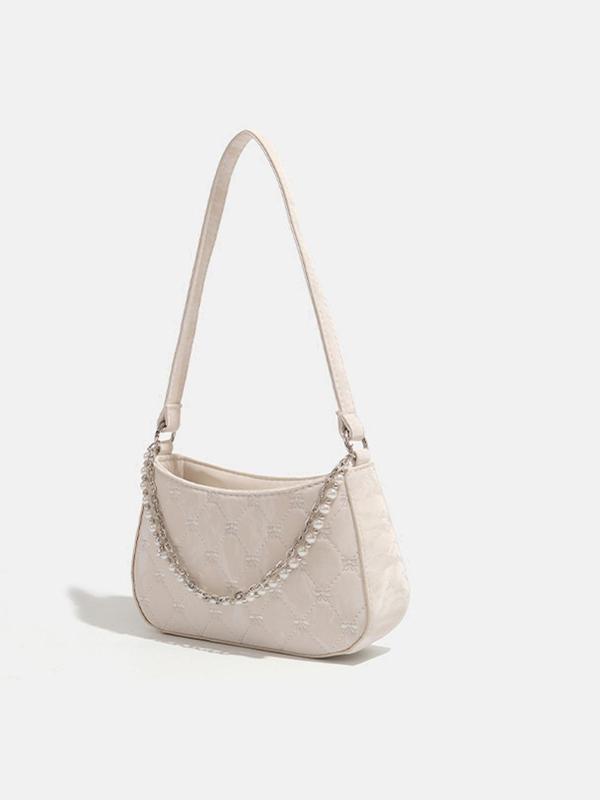 Women's Faux Pearl Decorated Chain Strap Baguette Bag, Casual Solid Color Shoulder Bag for Daily Used, Trendy All-match Commuter Bag