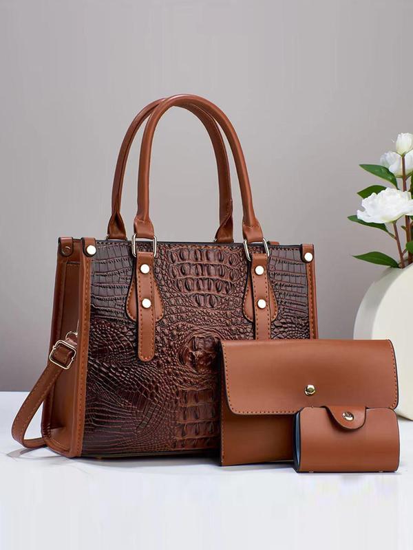 Summer Women's Fashion Shoulder Bag Set, Including Random Crocodile Pattern Tote Bag, Flap Square Bag, Wallet, Simple Casual Matching Solid Bag Set for Women As Anniversary Gift