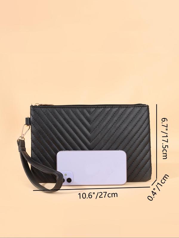 Women's Solid Color Quilted Clutch, Fashionable PU Leather Zipper Clutch, Simple All-match Bag for Daily Life