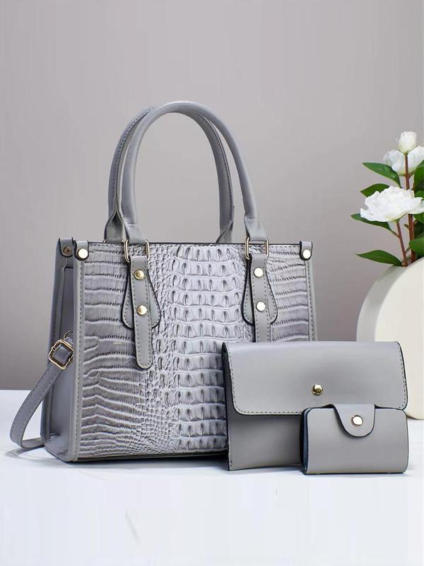 Summer Women's Fashion Shoulder Bag Set, Including Random Crocodile Pattern Tote Bag, Flap Square Bag, Wallet, Simple Casual Matching Solid Bag Set for Women As Anniversary Gift