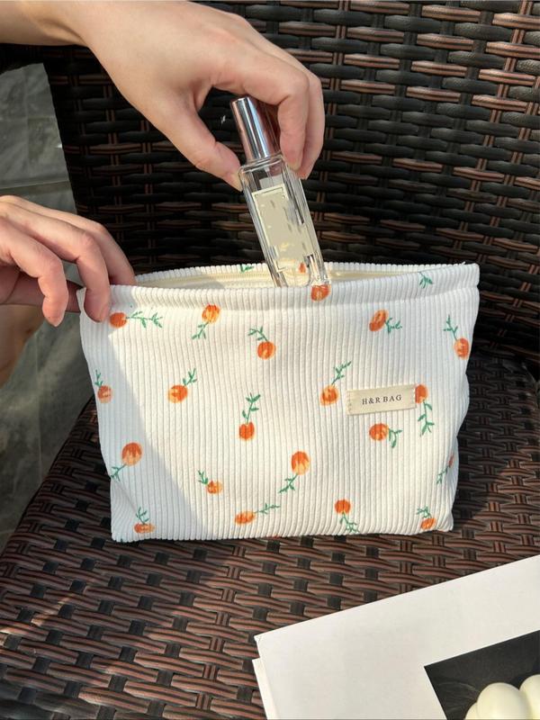 Corduroy Makeup Bag, Cute Floral Pattern Zipper Makeup Organizer Pouch, with Letters Label, Travel Cosmetic Storage Bag, Versatile Storage Bag for Skincare, Lip Balm, Eyeliners, Makeup Brushes,