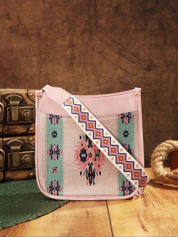 Women's Boho Style Ethnic Pattern Crossbody Bag, Vintage Style Crossbody Bag with Adjustable Strap, Fashionable Crossbody Bag for Daily Use