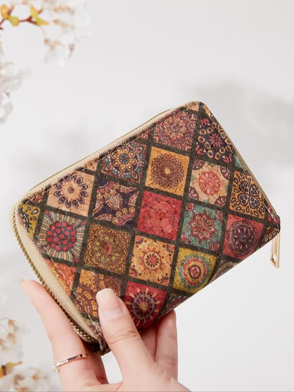 Women's Vintage Floral Pattern Zipper Short Wallet, Pu Leather Coin Purse with Card Slot, Multi-functional Boho Style Wallet for Daily Use