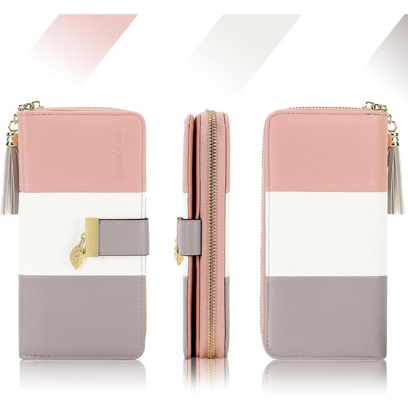 RFID Wallets for Women with Multiple Card Slots and Cellphone Compartment, Womens Wallet (pink white grey)