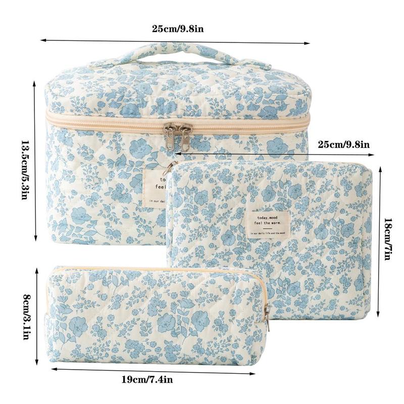 Floral Pattern Quilted Makeup Bag Set, 3 Counts Travel Cosmetic Bags, Portable Zipper Makeup Organizer Pouches, for Skincare, Lotion, Cream,Lip Balm, Eyeliners, Makeup Tools,Travel Essentials, Christmas Gift