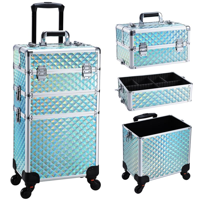 3 in 1 Rolling Makeup Train Case Professional Cosmetic Case with Wheel Makeup Trolley Aluminum Salon Barber Case for Make Up Hairstylists Nail Tech