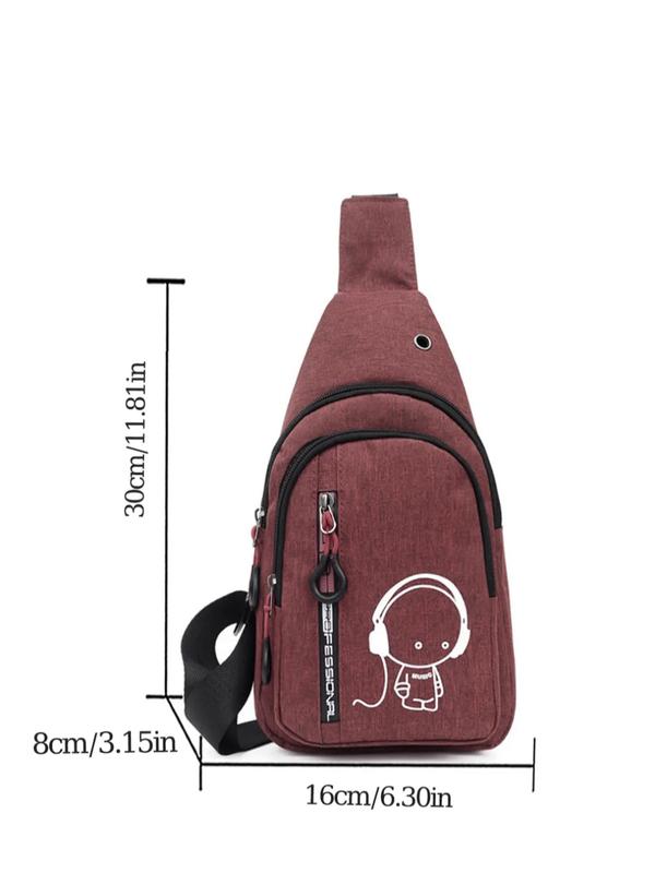 Men's Simple Headphone Pattern Zip-up Belted Sling Bag, Summer Casual Trendy Casual Sportive Fanny Pack for Beach Holiday Vacation