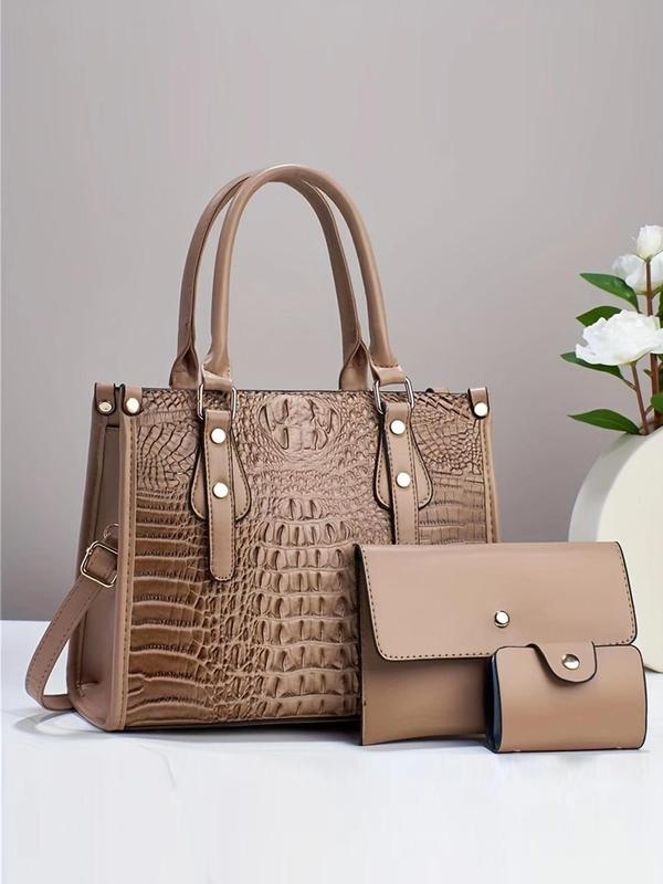 Summer Women's Fashion Shoulder Bag Set, Including Random Crocodile Pattern Tote Bag, Flap Square Bag, Wallet, Simple Casual Matching Solid Bag Set for Women As Anniversary Gift