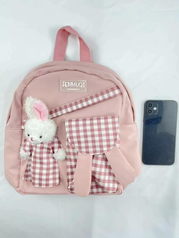 Cute Rabbit Decor Patchwork Pattern Backpack, Lightweight Nylon Zipper Backpack for Women & Girls, Simple All-match Summer Accessories 2024 for Daily Life