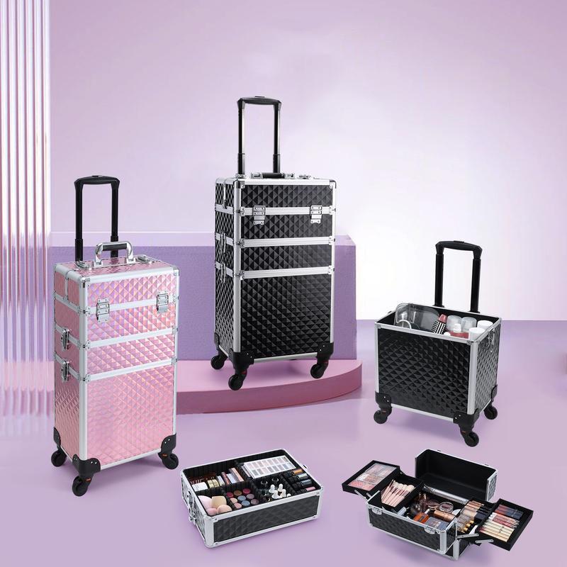 3 in 1 Rolling Makeup Train Case Professional Cosmetic Case with Wheel Makeup Trolley Aluminum Salon Barber Case for Make Up Hairstylists Nail Tech