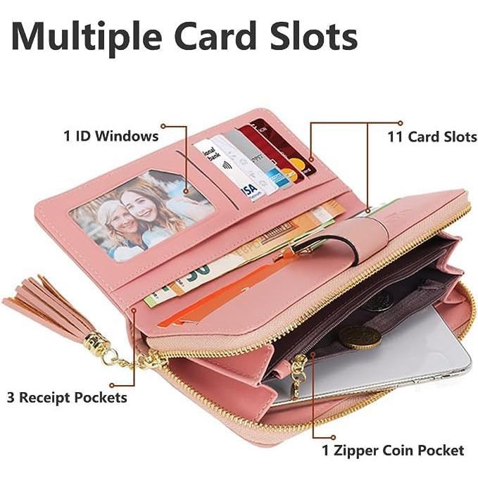 RFID Wallets for Women with Multiple Card Slots and Cellphone Compartment, Womens Wallet (pink white grey)