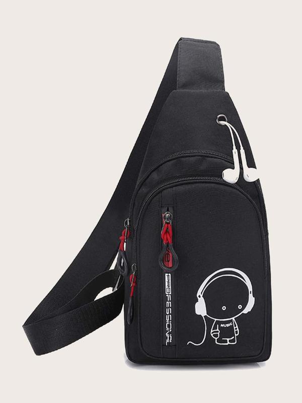 Men's Simple Headphone Pattern Zip-up Belted Sling Bag, Summer Casual Trendy Casual Sportive Fanny Pack for Beach Holiday Vacation