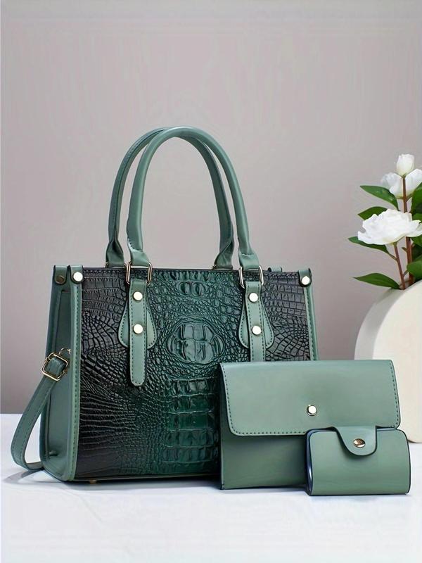 Summer Women's Fashion Shoulder Bag Set, Including Random Crocodile Pattern Tote Bag, Flap Square Bag, Wallet, Simple Casual Matching Solid Bag Set for Women As Anniversary Gift