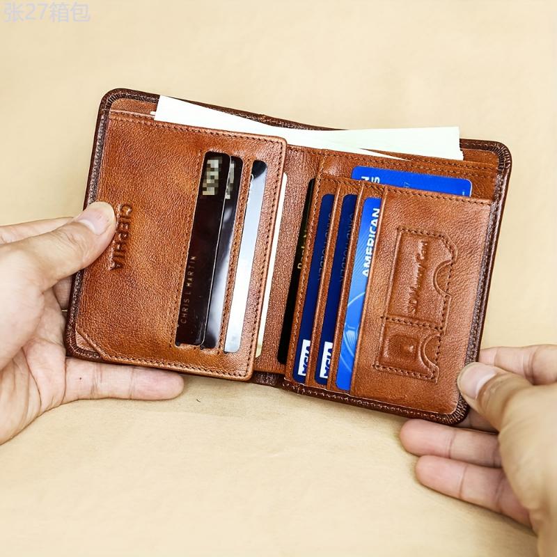 RFID Blocking Trifold Genuine Leather Wallets for Men, Top Layer Cowhide Vintage Short Multi Function Credit Card Holder, Money Clips with 2 ID Windows Give Gifts to Men