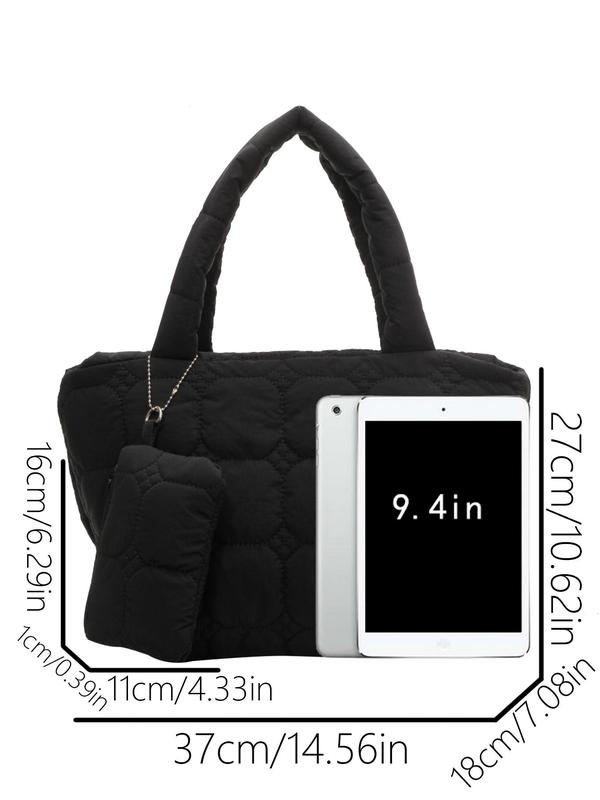 Women's Elegant Geometric Quilted Puffer Tote Bag & Coin Purse, Large Capacity Shoulder Bag & Coin Purse, Trendy All-match Bag Set for Shopping, Commuting, and Dating