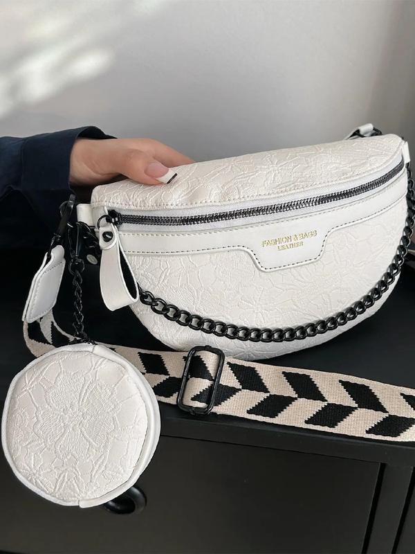 Women's New Trend Floral Pattern Zipper Chest Bag & Small Coin Purse, Versatile Pu Leather Crossbody Bag Set with Chain Adjustable Strap Design