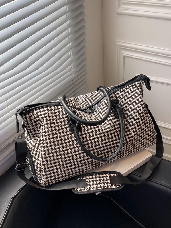 Houndstooth Pattern Travel Bag for Women & Men, Lightweight Large Capacity Zipper Bag, Casual Trendy Versatile High-quality Daily Commuting Bag