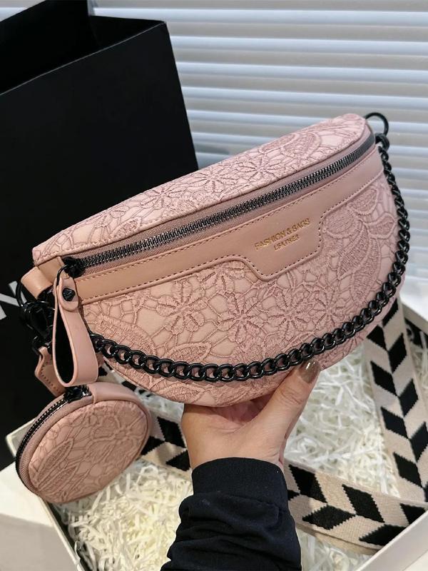 Women's New Trend Floral Pattern Zipper Chest Bag & Small Coin Purse, Versatile Pu Leather Crossbody Bag Set with Chain Adjustable Strap Design