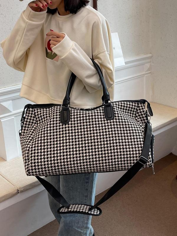 Houndstooth Pattern Travel Bag for Women & Men, Lightweight Large Capacity Zipper Bag, Casual Trendy Versatile High-quality Daily Commuting Bag