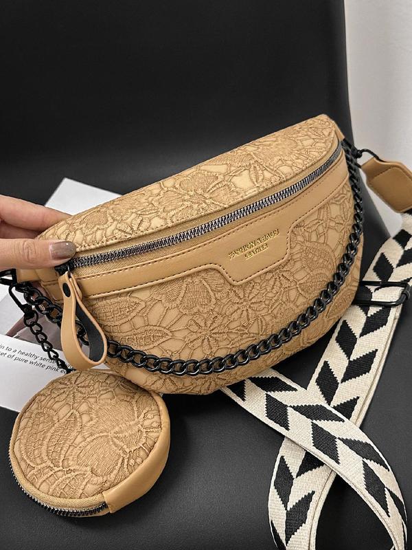 Women's New Trend Floral Pattern Zipper Chest Bag & Small Coin Purse, Versatile Pu Leather Crossbody Bag Set with Chain Adjustable Strap Design