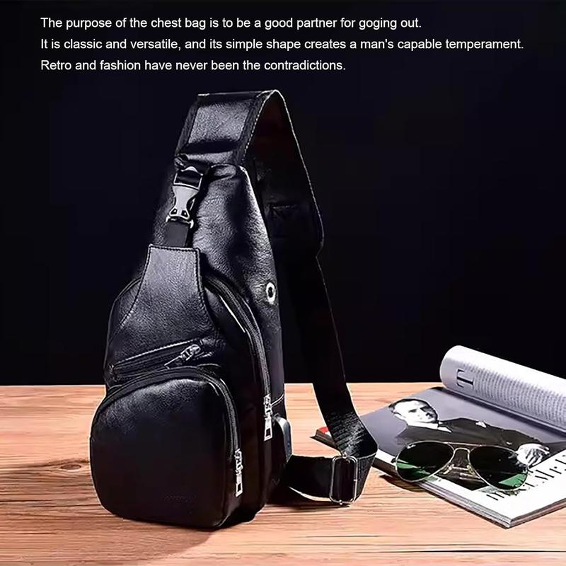 Leather Sling Bag Mens Crossbody Bag Chest Bag Sling Backpack for Men with USB Charge Port