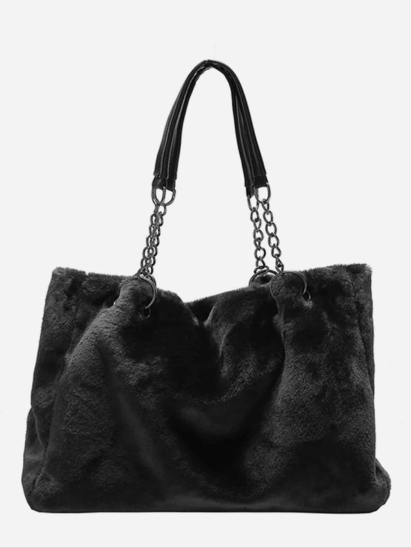 Women's Elegant Minimalist Fluffy Tote Bag, Tote Bags for School Casual Versatile Trendy Fuzzy Shoulder Bag with Chain Strap, 2024 New Tote Bag for Fall & Winter