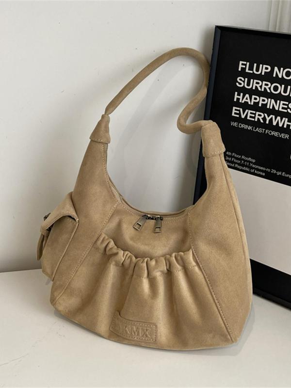 Women's Solid Color Ruched Design Tote Bag, Fashionable Suede Shoulder Bag for Daily Used, Casual Trendy Versatile High-quality Daily Commuting Bag