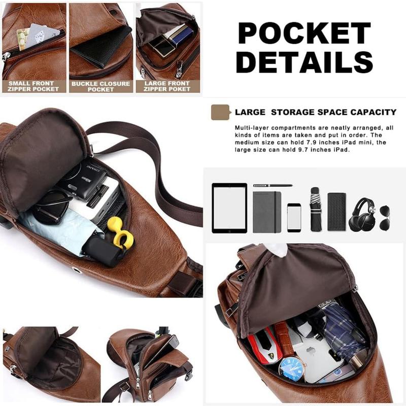 Leather Sling Bag Mens Crossbody Bag Chest Bag Sling Backpack for Men with USB Charge Port