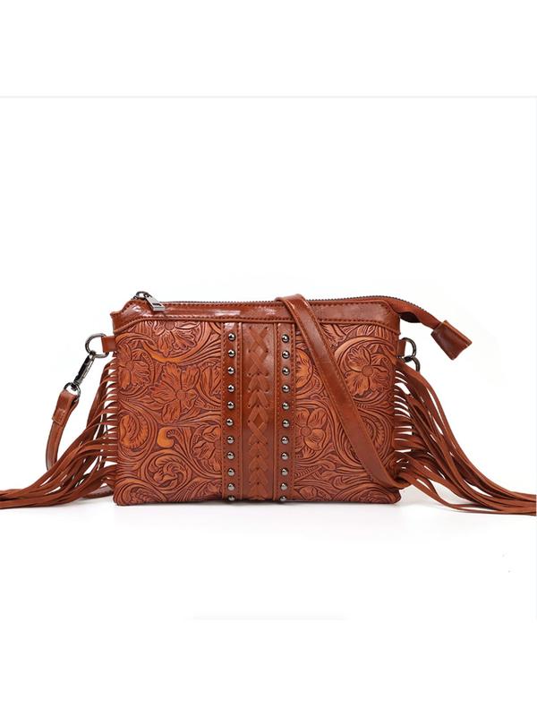 Boho Style Tassel Decorated Crossbody Bag, Fashionable Studded Design Crossbody Bag for Women, Casual Trendy Versatile High-quality Daily Commuting Bag